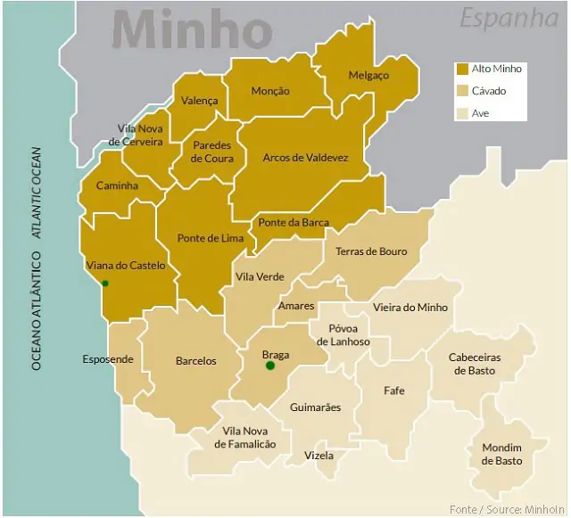 Mapa da região do Minho em Portugal